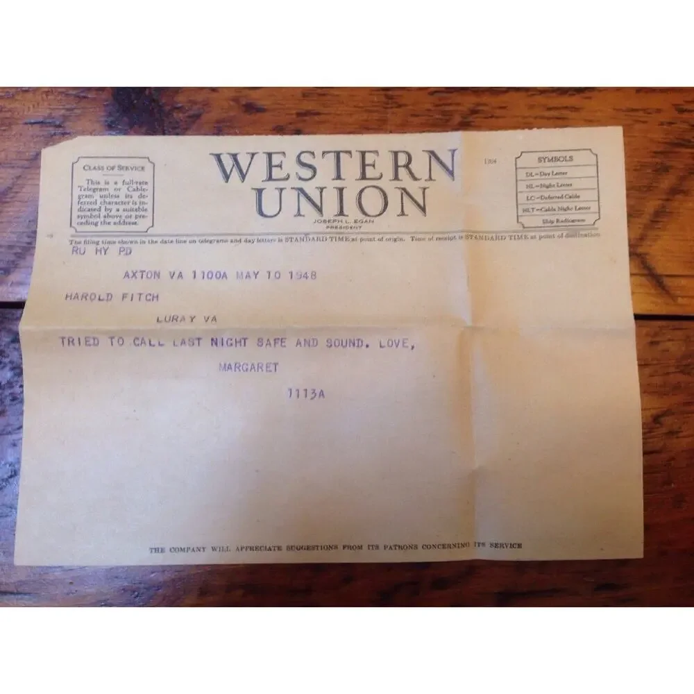 Lot 3 1948 Western Union Telegrams Luray Axton Virginia Harold Margaret Fitch